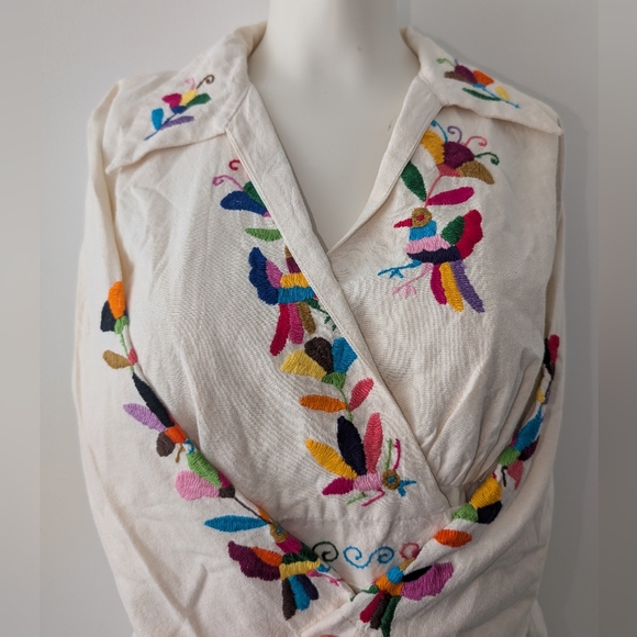 Otomi Tops - Otomi Blouse Hand embroidered Neutral and multicolor Crossed Top